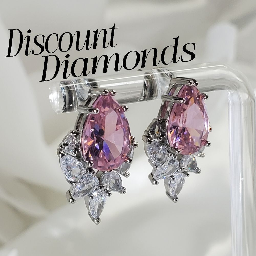 Pear Cut Pink Sapphire White Baguette Diamond Stud  Earrings 925